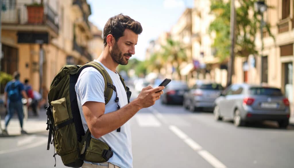 How to avoid roaming charges when traveling abroad 2026: a male traveler with a backpack looking at his smartphone on a sunny city street.