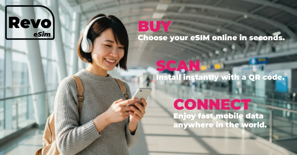 Traveler using a global eSIM on a smartphone to get instant mobile data while traveling abroad