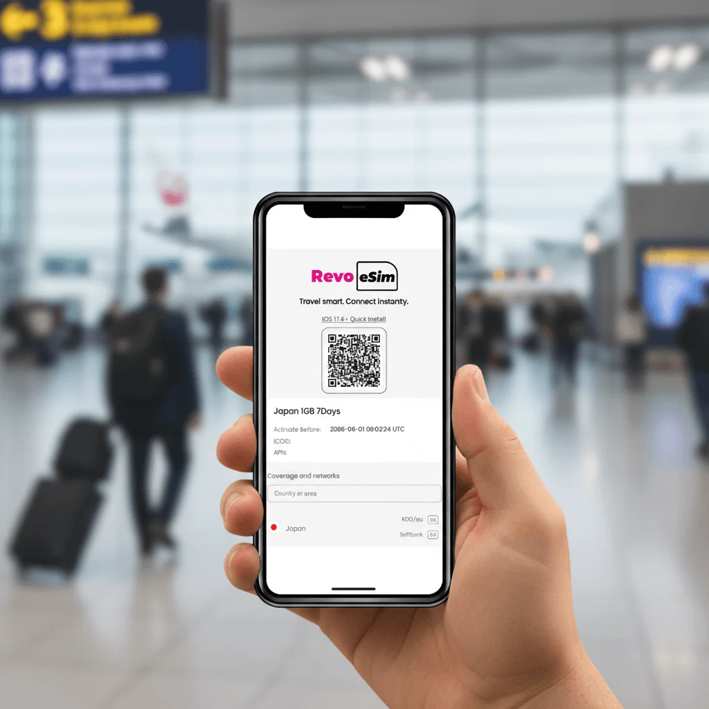 Traveler holding a smartphone with Revo eSIM QR code at an airport, representing international eSIM connectivity worldwide.